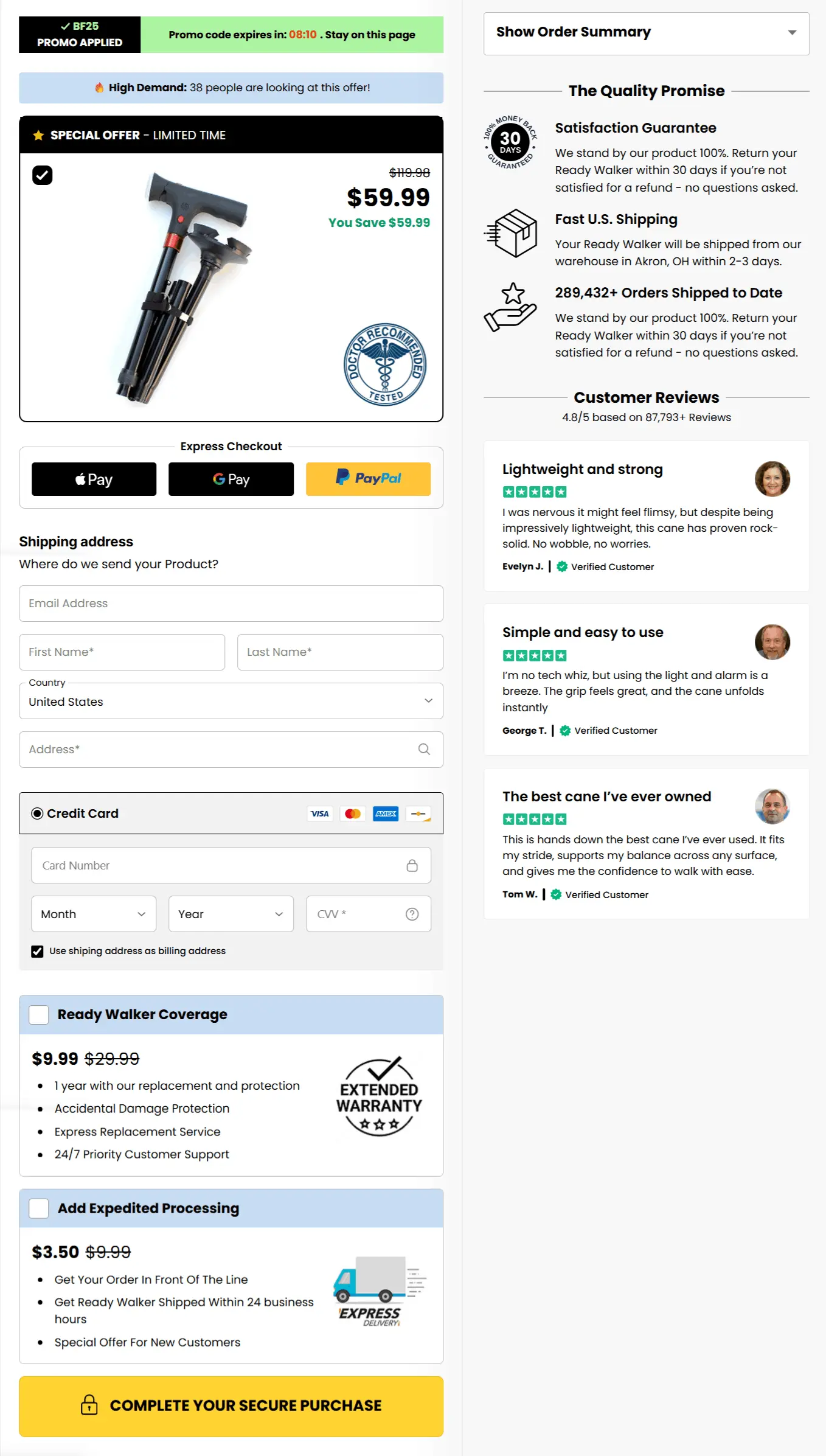Ready Walker Cane secure checkout page
